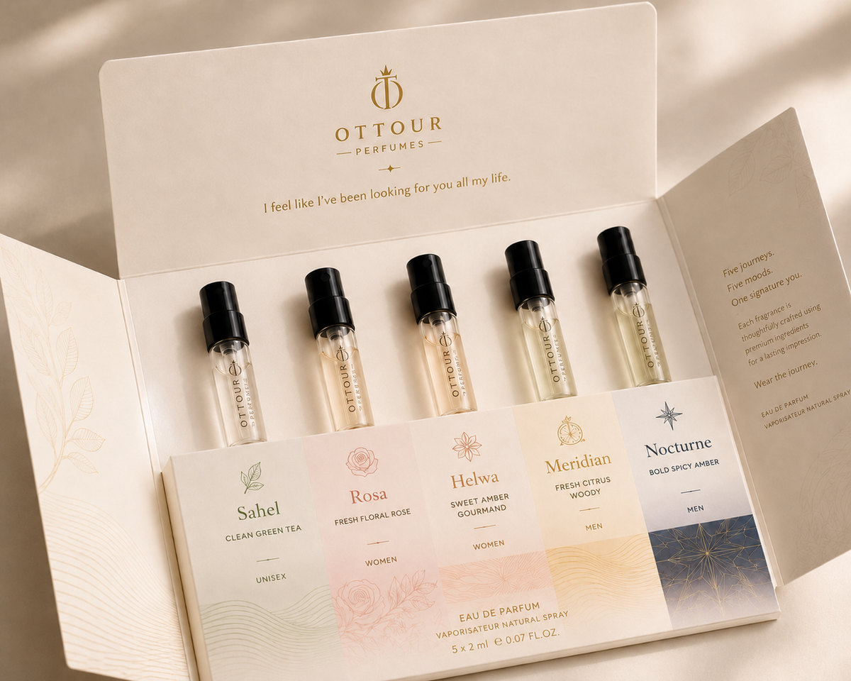 Ottour Explore Kit perfume discovery set — five 2ml eau de parfum sample vials: Sahel, Rosa, Helwa, Meridian, Nocturne in an open gift box
